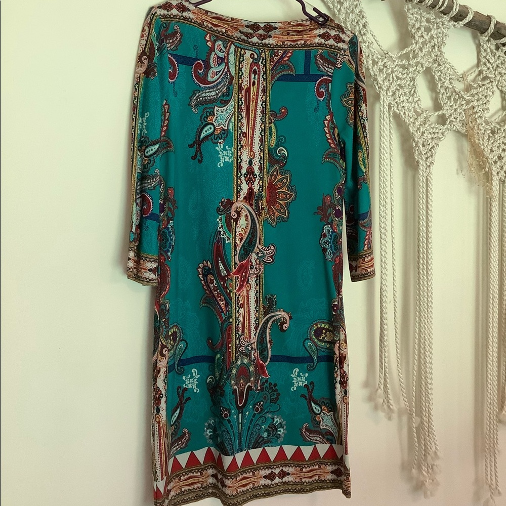 3/4 Sleeve patterned dress in teal